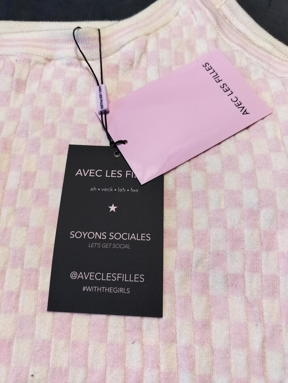 NWT Avec Les Filles Pale Pink And Cream Checker Knit Tank - Medium/Large - Picture 5 of 10
